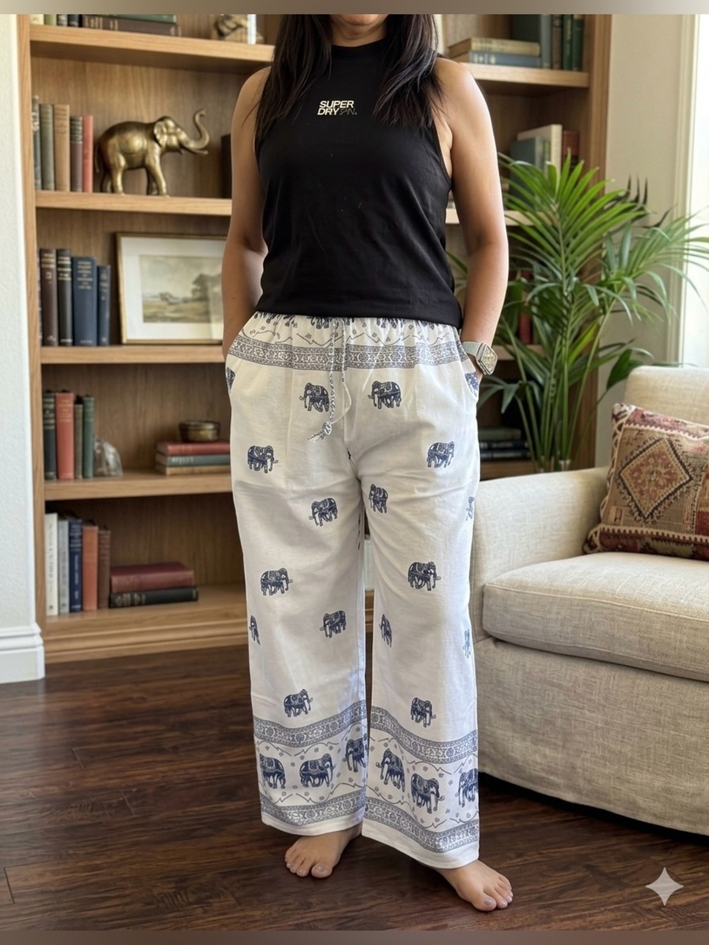 NWT - Thai White & Blue Elephant Print Casual Pants